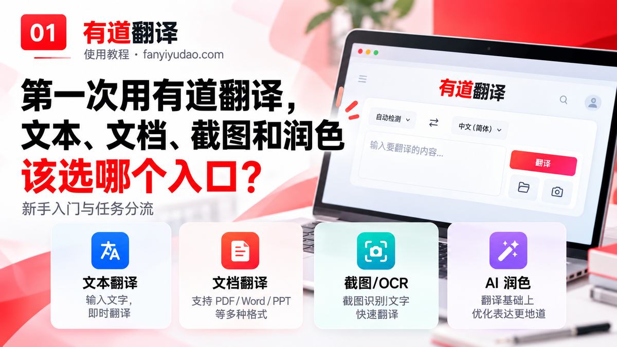 第一次用有道翻译，文本、文档、截图和润色该选哪个入口？