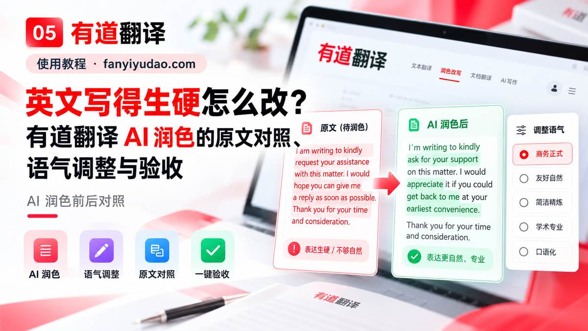 英文写得生硬怎么改？有道翻译 AI 润色的原文对照、语气调整与验收